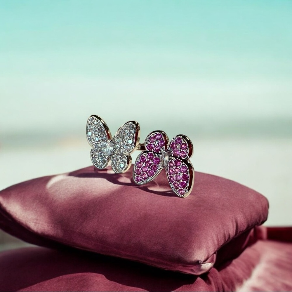 NEW Pink & White CZ Double Butterfly In-Between Finger Ring in Silver